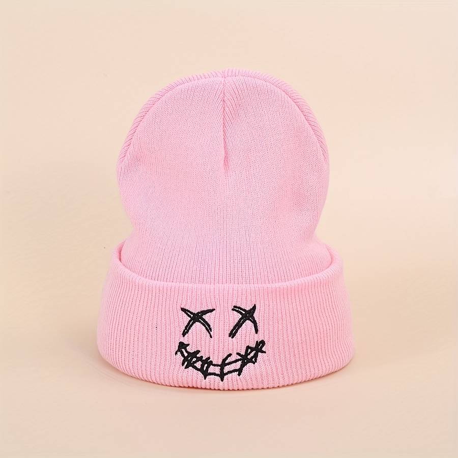 Acrylic Knit Beanie with Embroidered joyful Design Casual Warm Ski Hat