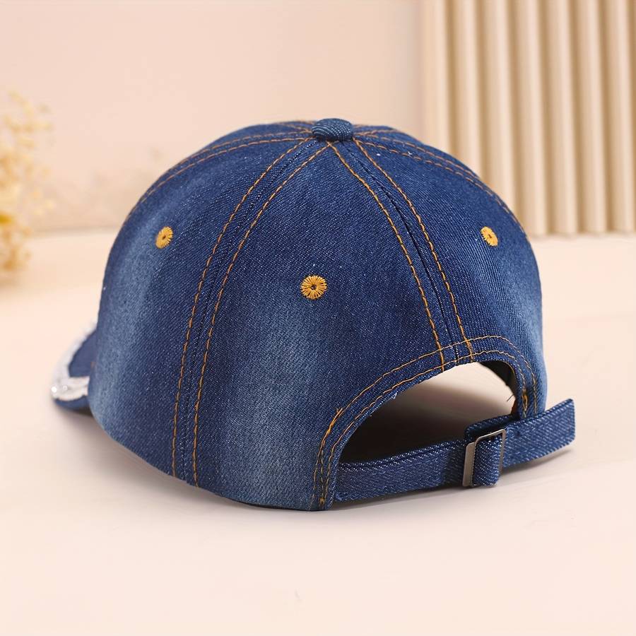 1pc Adjustable Women's Denim Baseball Cap with Sparkling QUEEN Rhinestone Crown Design Lightwei