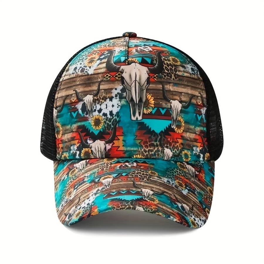 Stylish Bull Head Floral Print Baseball Cap with Ponytail Hole Breathable Mesh Back Adjust
