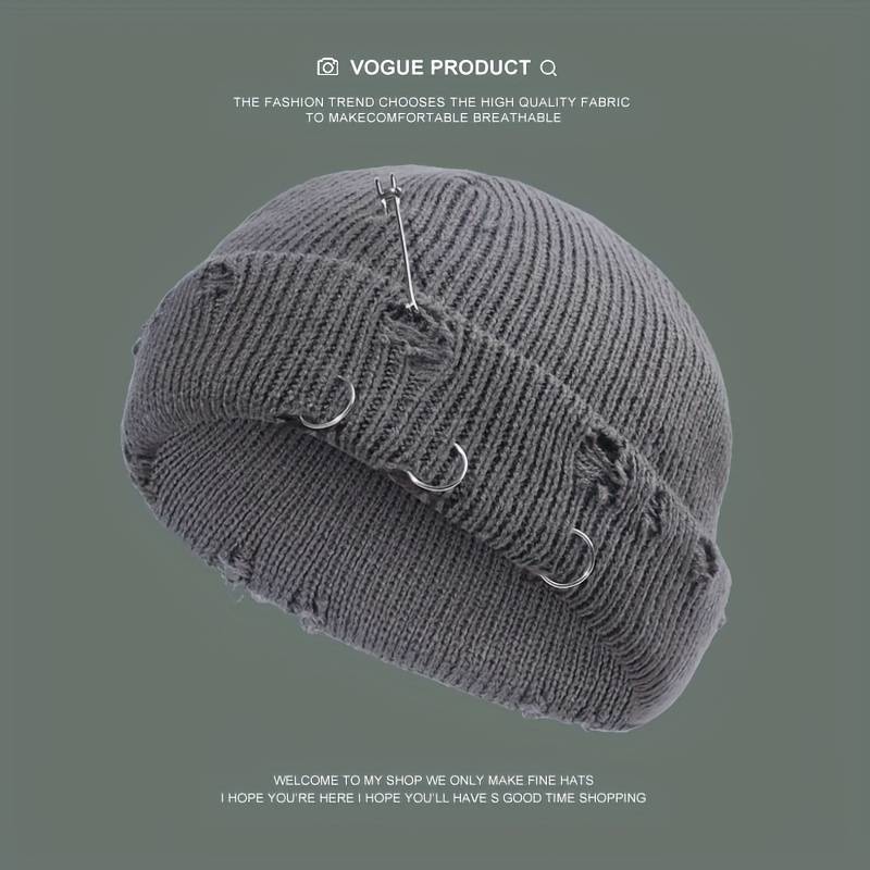 1pc Warm Cuffed Beanie Fisherman Hats Unisex Hip Hop Fisherman Beanie Trendy Ripped Pin Brooch Kn