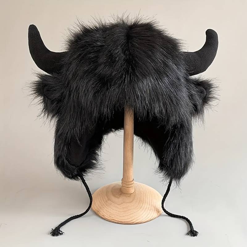 1pc Classic Fluffy Cow Hat With Horns Solid Color Ear Flap Hat Winter Warm Plush Hats Thick Coldpro