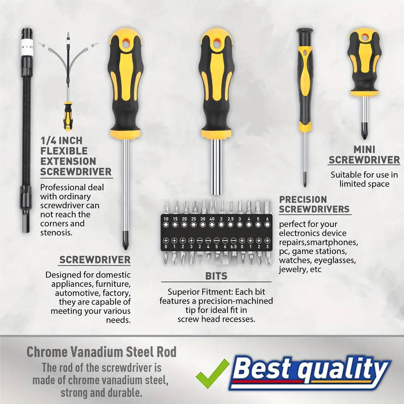 43pcs Professional Screwdriver Set with Magnetic Bit Holder Chrome Vanadium Steel Includes Slotted P