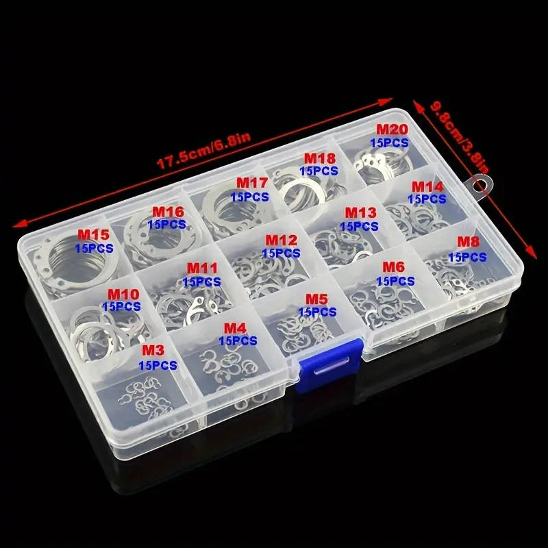 225pcs c clips external fixing ring kit 15sizes 304 stainless steel coil shaft assortment kit m20 pack set details 1