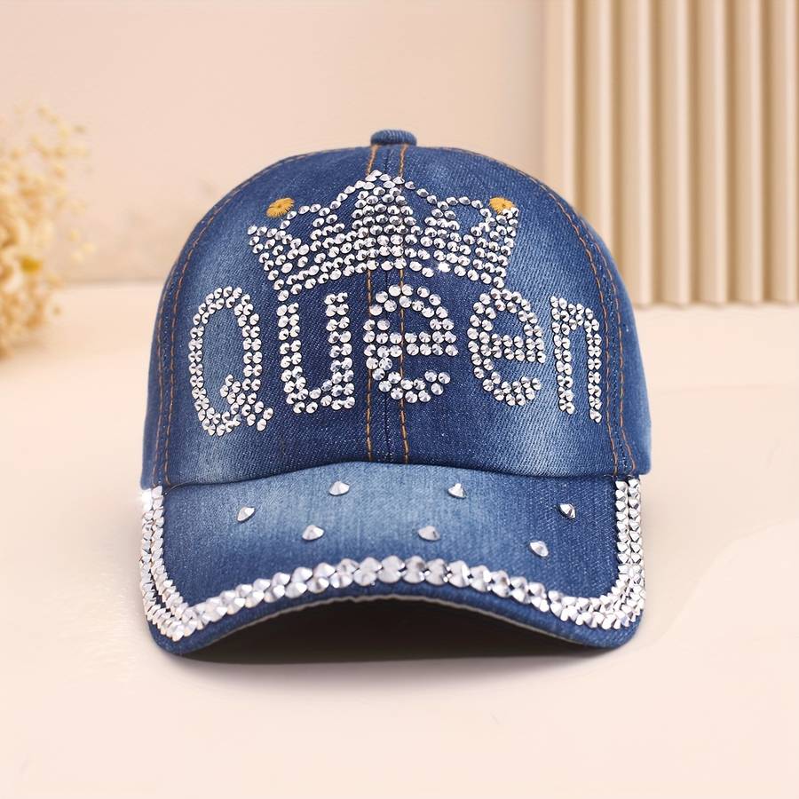 1pc Adjustable Women's Denim Baseball Cap with Sparkling QUEEN Rhinestone Crown Design Lightwei