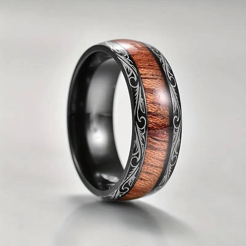 8mm Black and Wood Grain Stainless Steel Ring