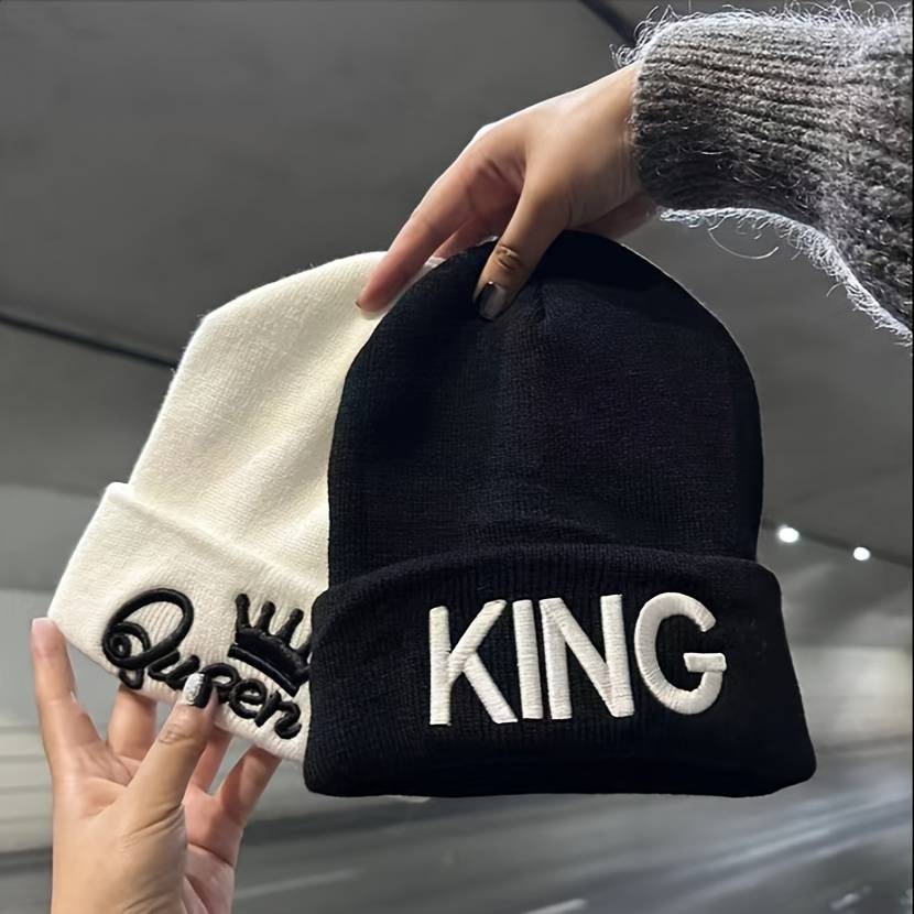 1pc 1pcMS Show Men's Fashion Knitted Hat KING&QUEEN Embroidered Hat Ideal choice for Gifts