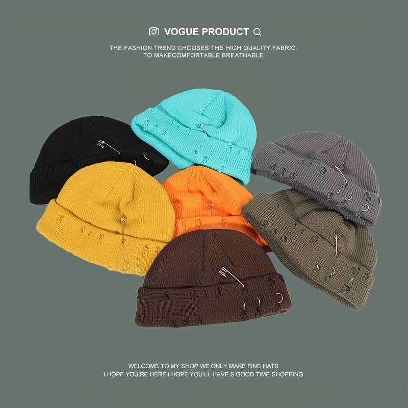 1pc Warm Cuffed Beanie Fisherman Hats Unisex Hip Hop Fisherman Beanie Trendy Ripped Pin Brooch Kn