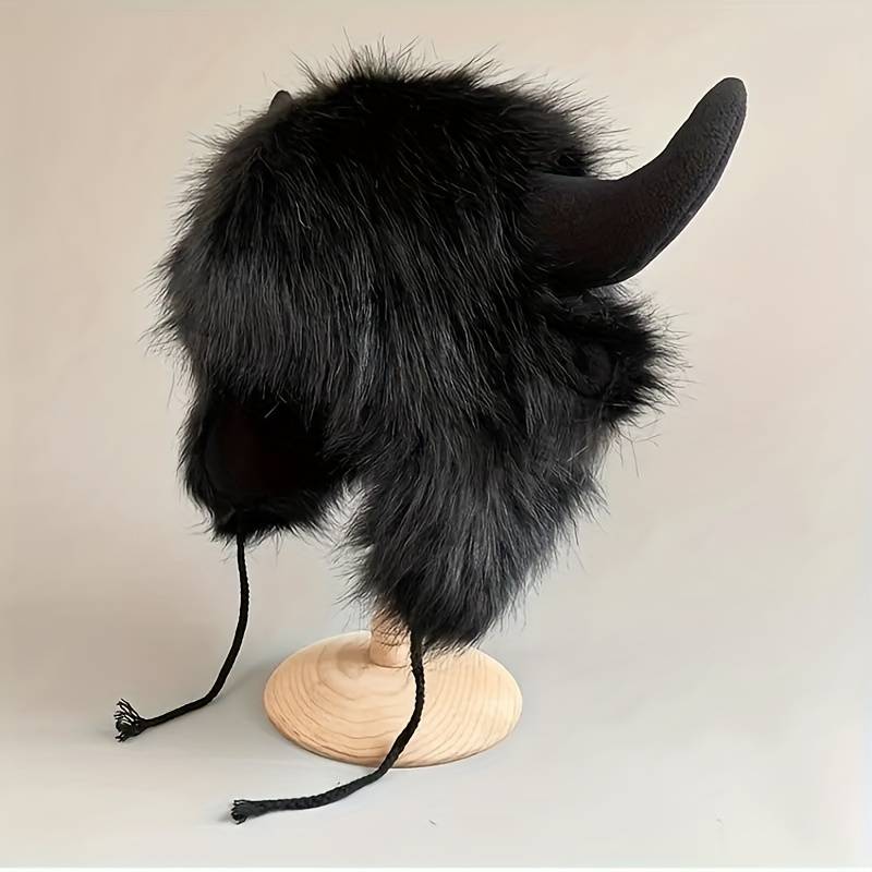 1pc Classic Fluffy Cow Hat With Horns Solid Color Ear Flap Hat Winter Warm Plush Hats Thick Coldpro