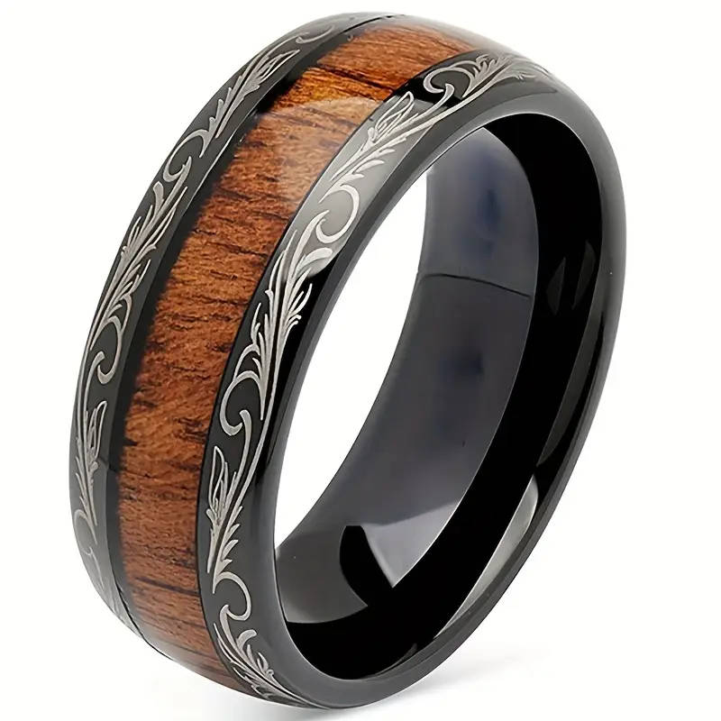 8mm Black and Wood Grain Stainless Steel Ring