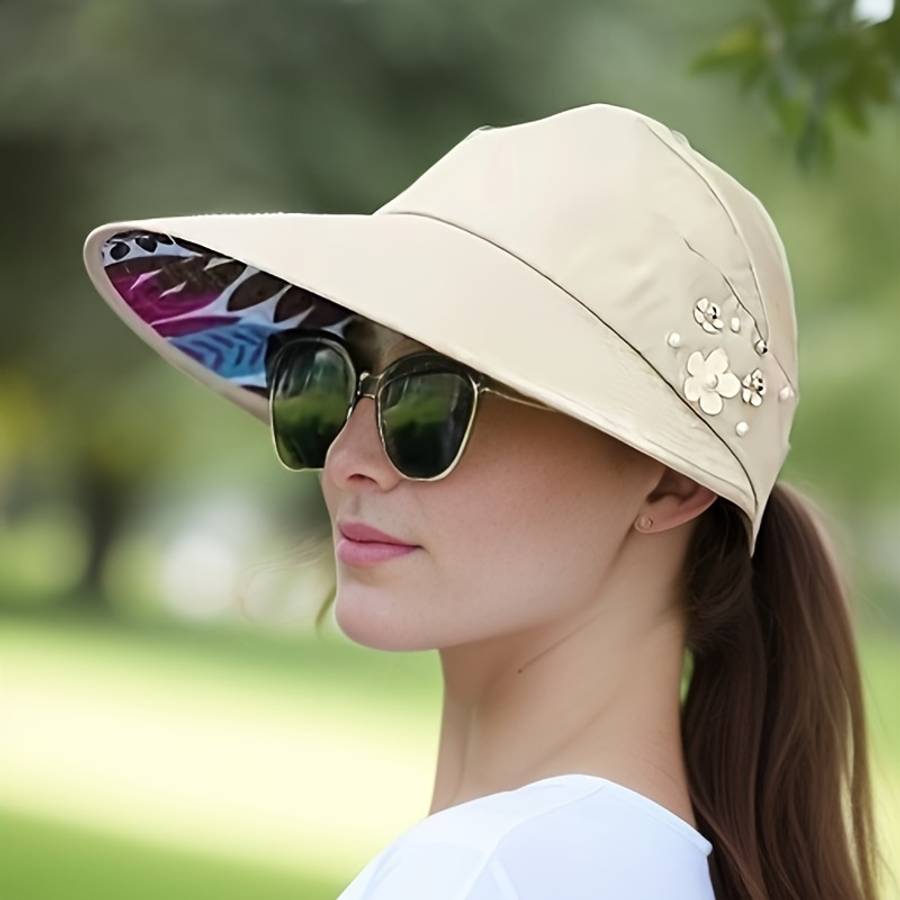 Trendy Beaded Flower Visor Hats Solid Color Foldable Uv Protection For Women Outdoor Summe