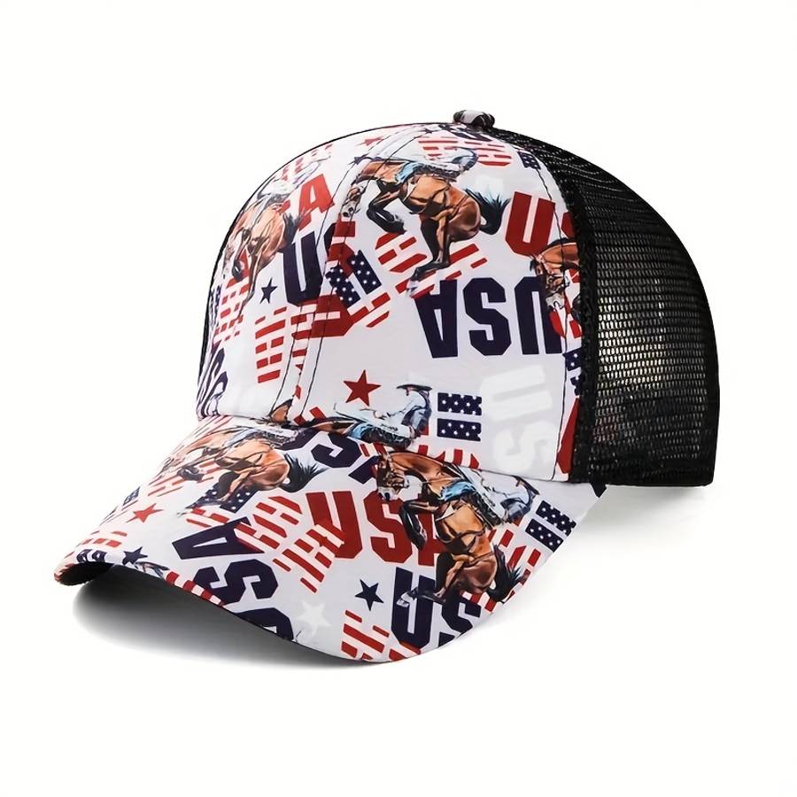 Stylish Bull Head Floral Print Baseball Cap with Ponytail Hole Breathable Mesh Back Adjust