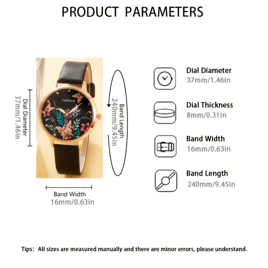 1pc Women's Elegant Butterfly Quartz Watch Rose Golden Case Black Synthetic Leather Strap Colorful F