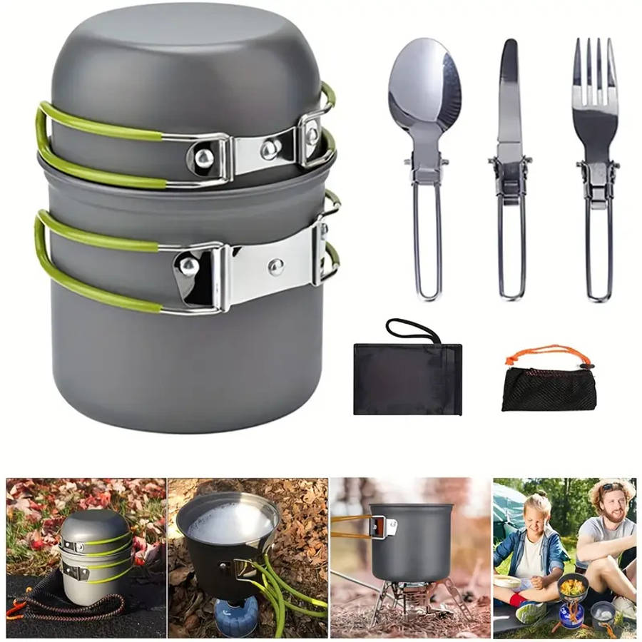 Camping Cookware Mess Kit 1-2 Person Portable Pan Set Fork Spoon Kit For Backpacking Hiking Picnic