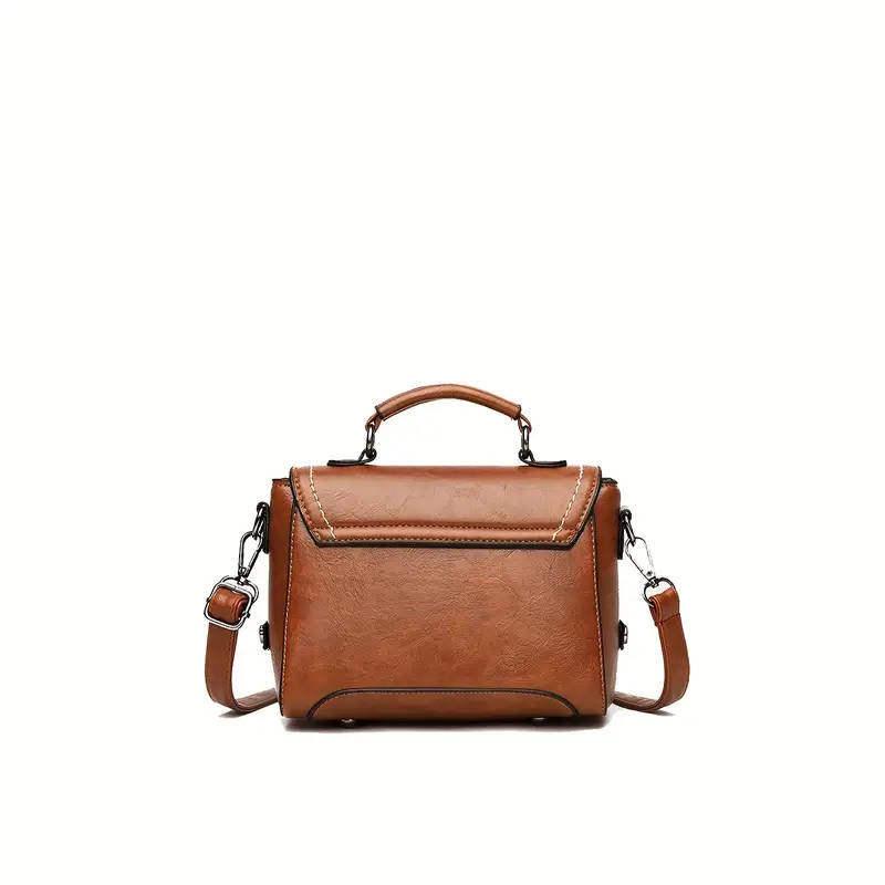 1pc Vintage PU Leather Handbag with Letter Badge Embossment Solid Color Crossbody Satchel Purse