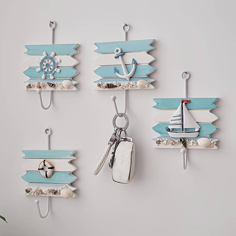 1pc Nautical Wooden Key HookWall Mounted Storage Organizer with Easy InstallMulti-functional H