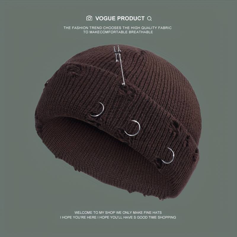 1pc Warm Cuffed Beanie Fisherman Hats Unisex Hip Hop Fisherman Beanie Trendy Ripped Pin Brooch Kn