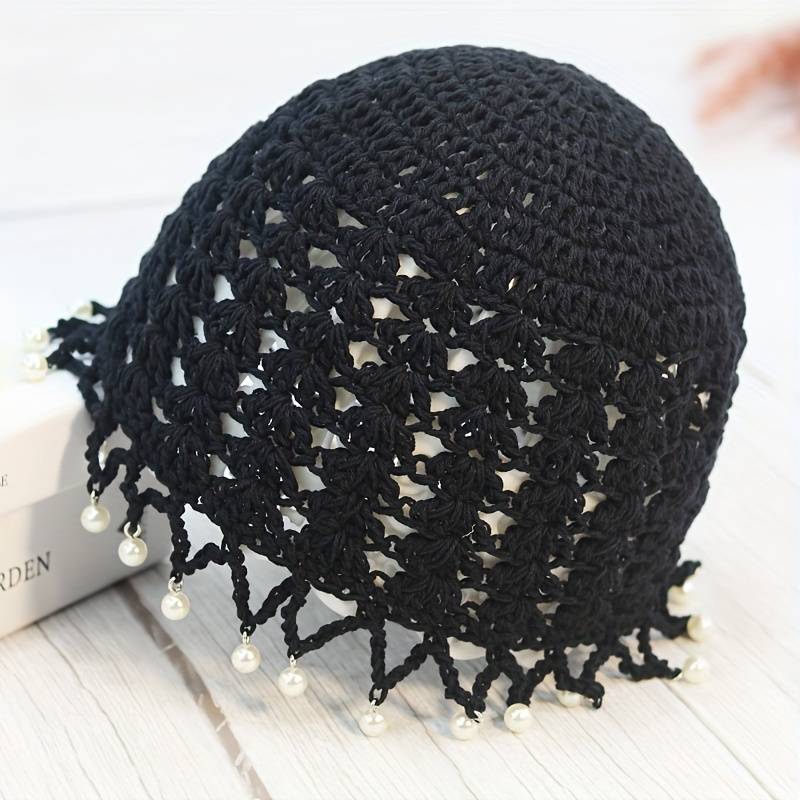 1pc Elegant Hollow Out Crochet Beanie Vintage Beaded Tassel Solid Color Knit Hats Lightweight Skull