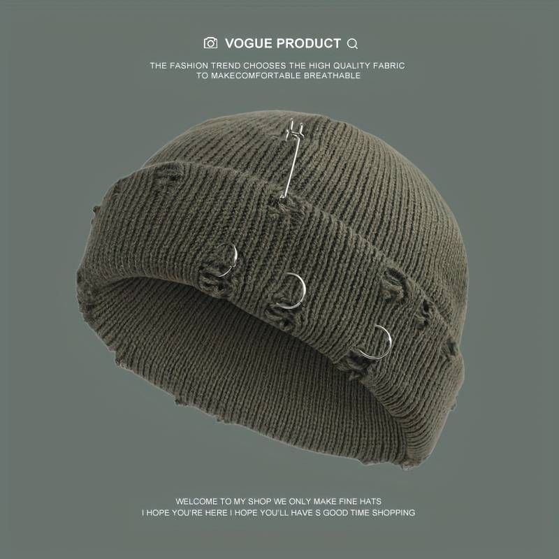 1pc Warm Cuffed Beanie Fisherman Hats Unisex Hip Hop Fisherman Beanie Trendy Ripped Pin Brooch Kn
