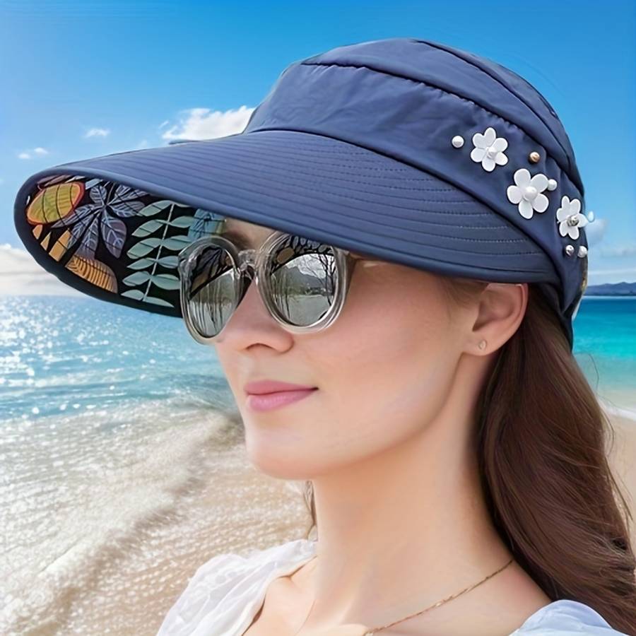 Trendy Beaded Flower Visor Hats Solid Color Foldable Uv Protection For Women Outdoor Summe