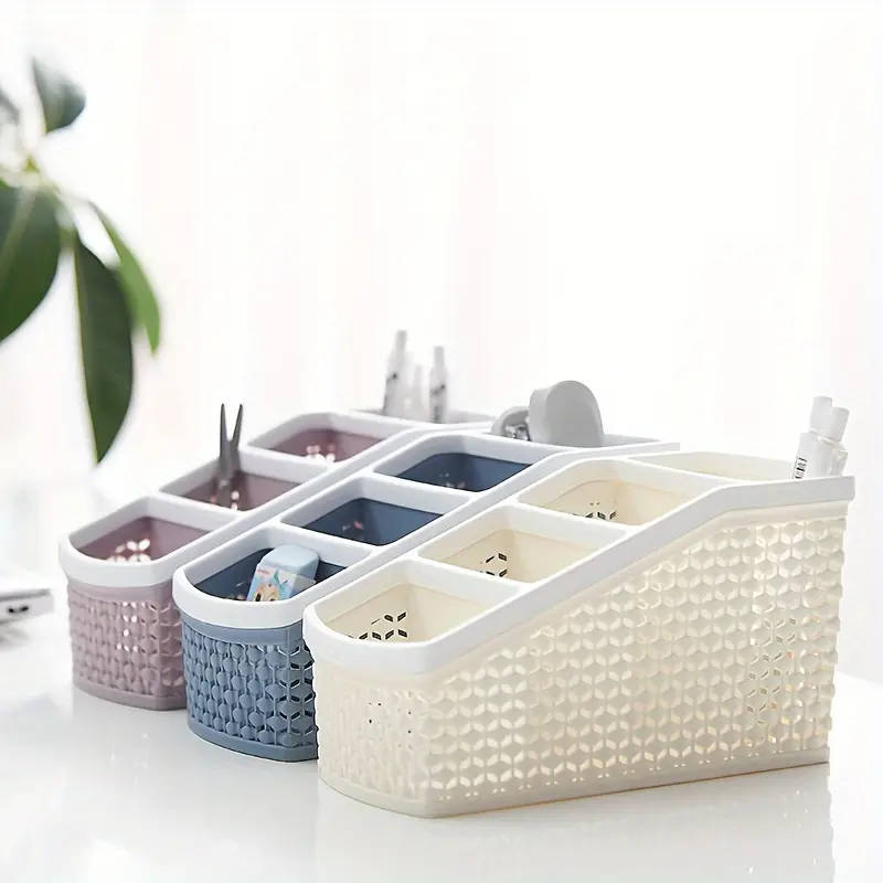 1pc Multi-Compartment Desk Organizer Durable Plastic Storage Rack with Layered Slope Design for Effi