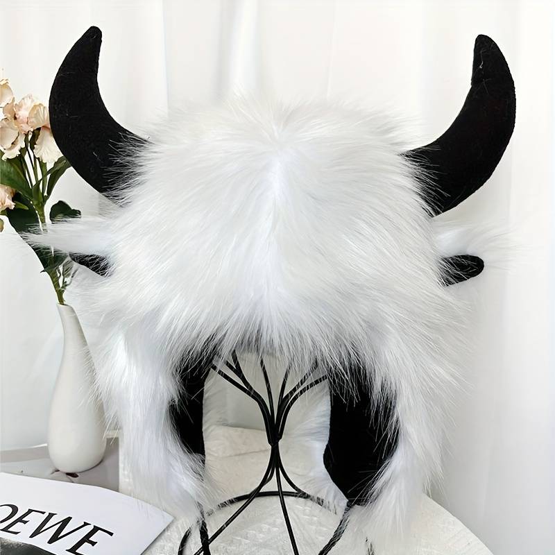 1pc Classic Fluffy Cow Hat With Horns Solid Color Ear Flap Hat Winter Warm Plush Hats Thick Coldpro