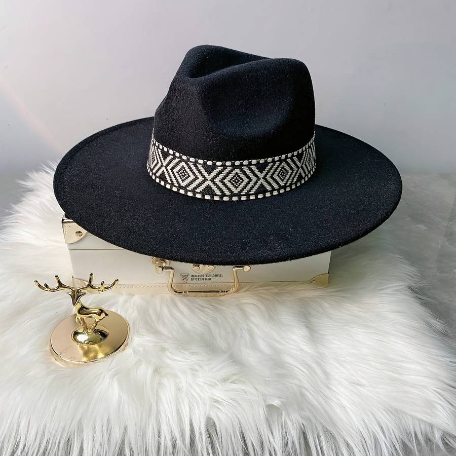 1pc Adjustable Flat Brim Fedora Hat with Geometric Pattern Band Chic Beige Fleece-Blend Ideal fo