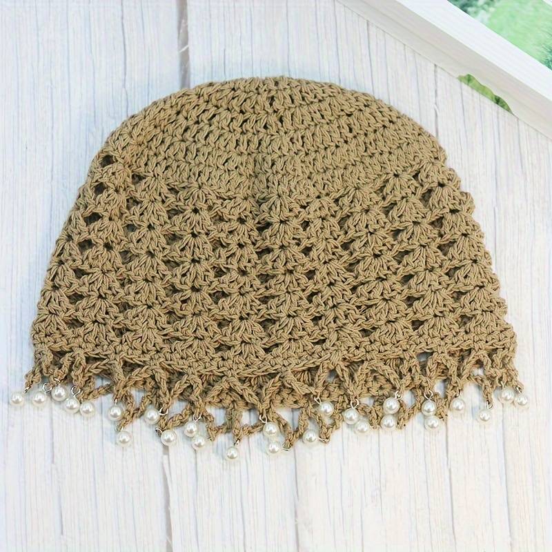 1pc Elegant Hollow Out Crochet Beanie Vintage Beaded Tassel Solid Color Knit Hats Lightweight Skull