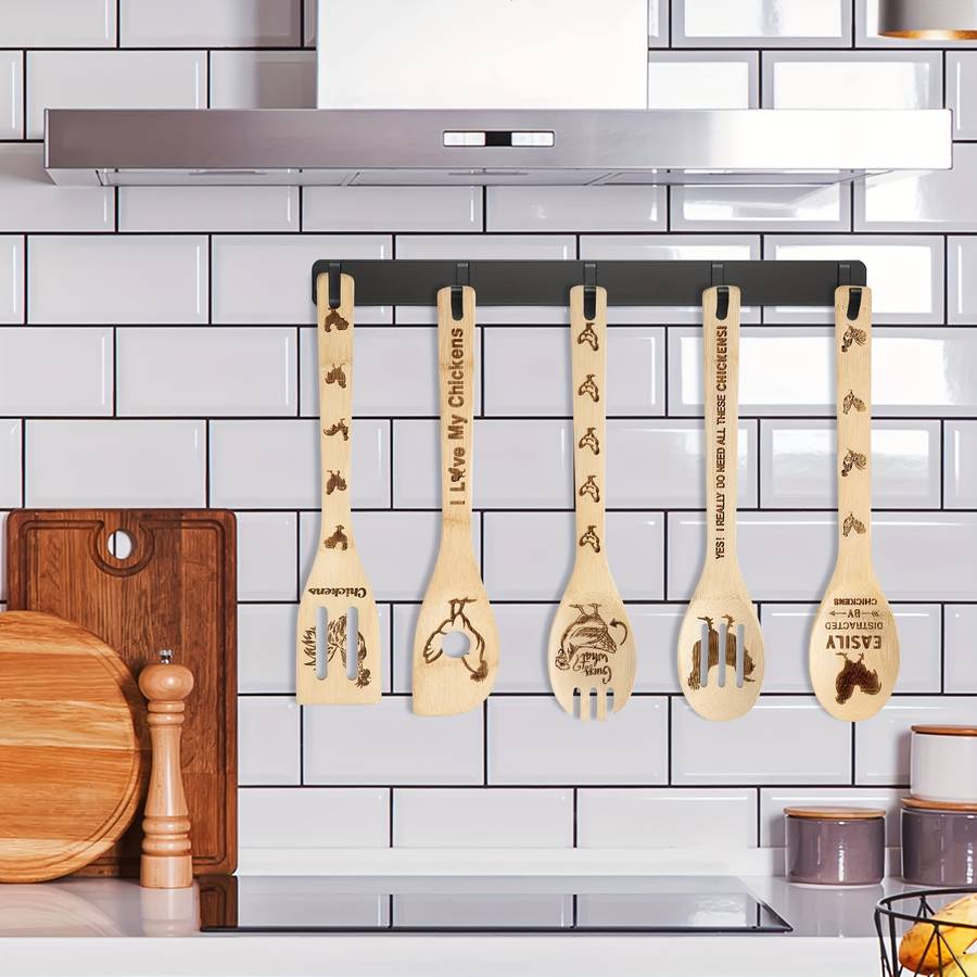 5pcs set Rooster Chicken Bamboo Kitchen Utensils Set Kitchen Burned Decorative Wooden Cooking