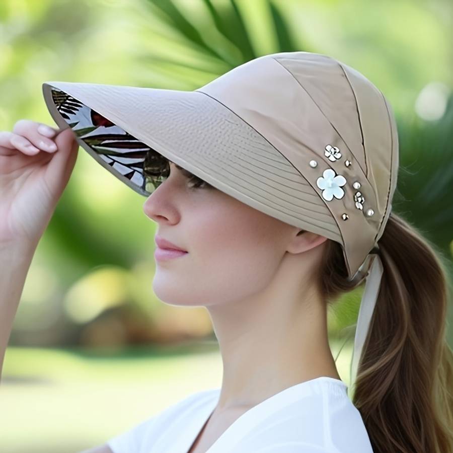 Trendy Beaded Flower Visor Hats Solid Color Foldable Uv Protection For Women Outdoor Summe