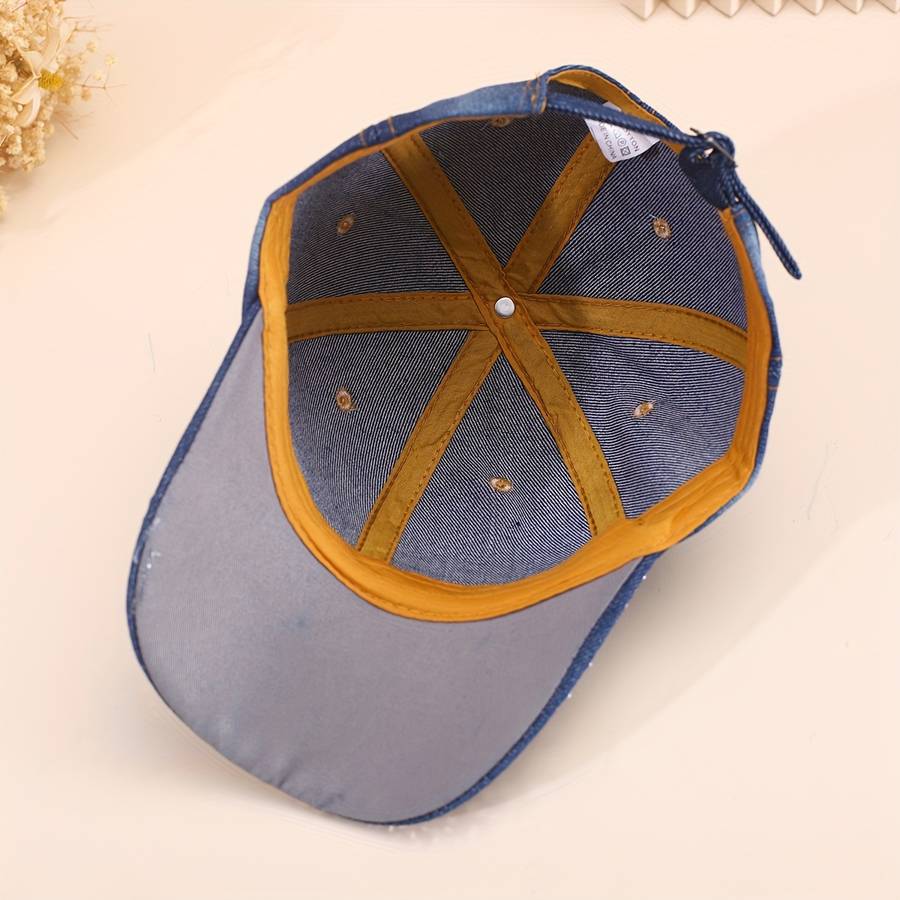 1pc Adjustable Women's Denim Baseball Cap with Sparkling QUEEN Rhinestone Crown Design Lightwei