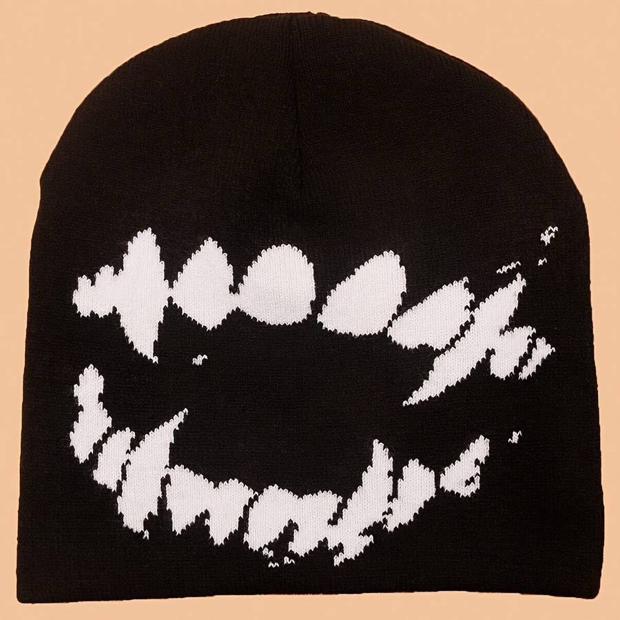 1pc Tooth Graphic Y2K Beanie Black White Elastic Knit Hats Hip Hop Skull Cap Unisex Warm Beanies