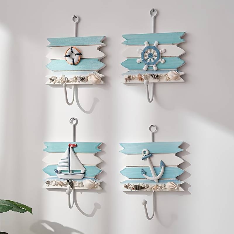 1pc Nautical Wooden Key HookWall Mounted Storage Organizer with Easy InstallMulti-functional H