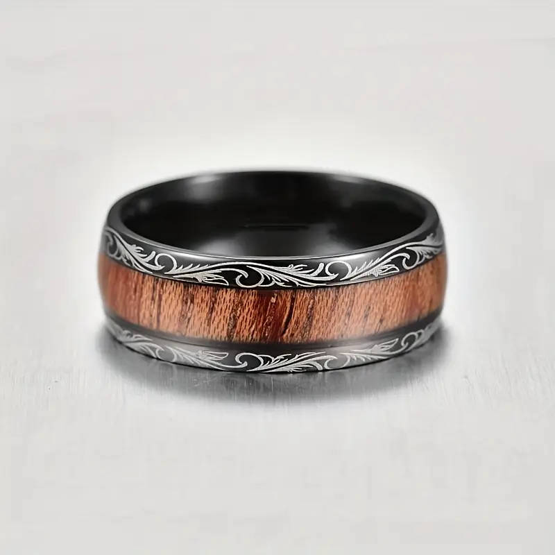 8mm Black and Wood Grain Stainless Steel Ring