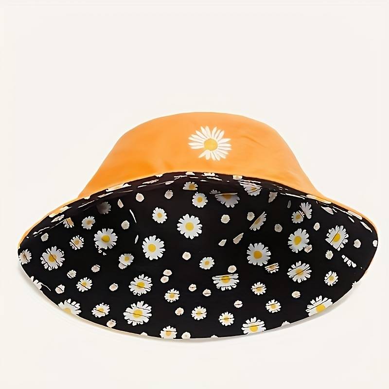 1pc Daisy Graphic Reversible Bucket Hat Black Trendy Breathable Basin Hats Lightweight Sunscreen Fi