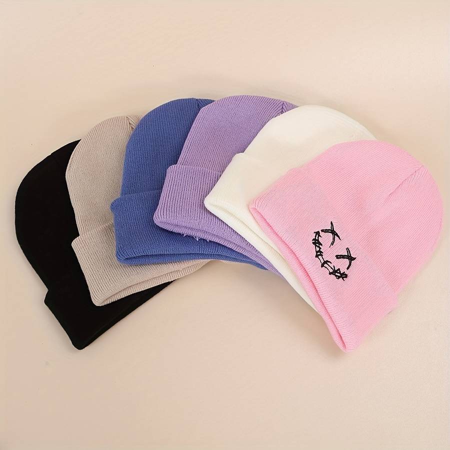 Acrylic Knit Beanie with Embroidered joyful Design Casual Warm Ski Hat