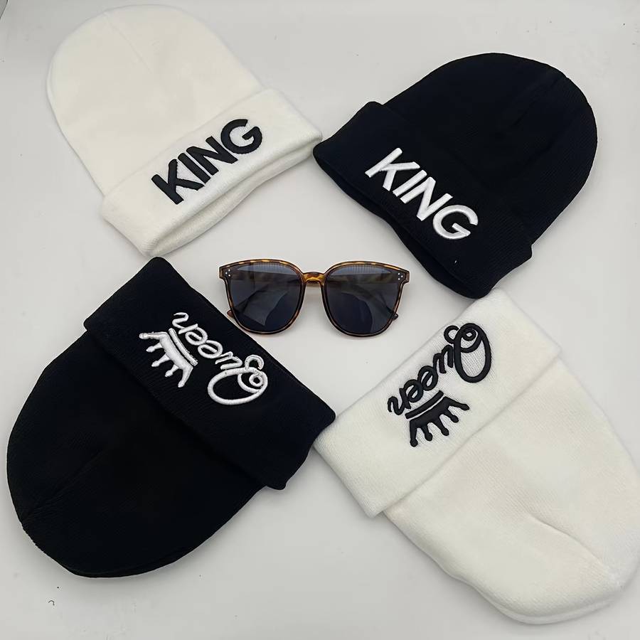 1pc 1pcMS Show Men's Fashion Knitted Hat KING&QUEEN Embroidered Hat Ideal choice for Gifts