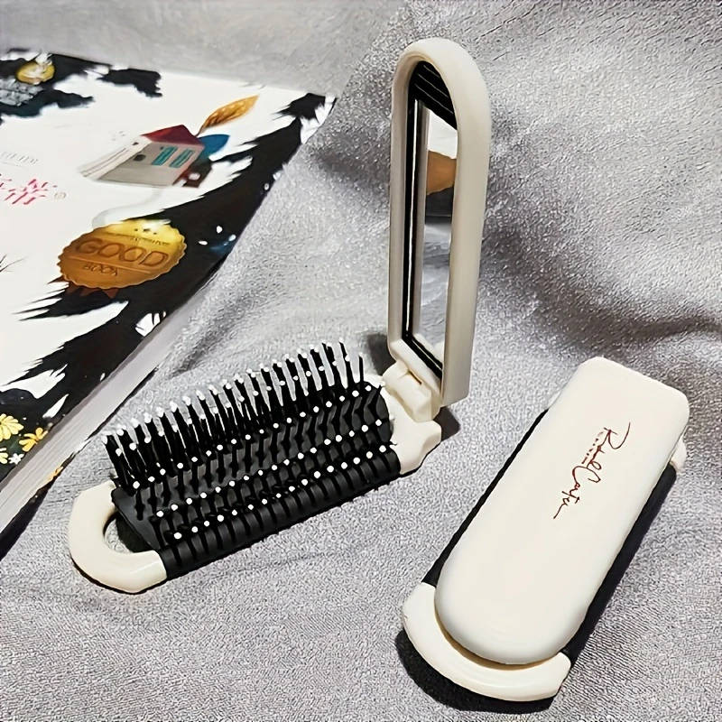 1pc Portable Folding Hair Brush with Mirror Anti-Static Drawable Mirror-Mini Travel Size Durable ABS
