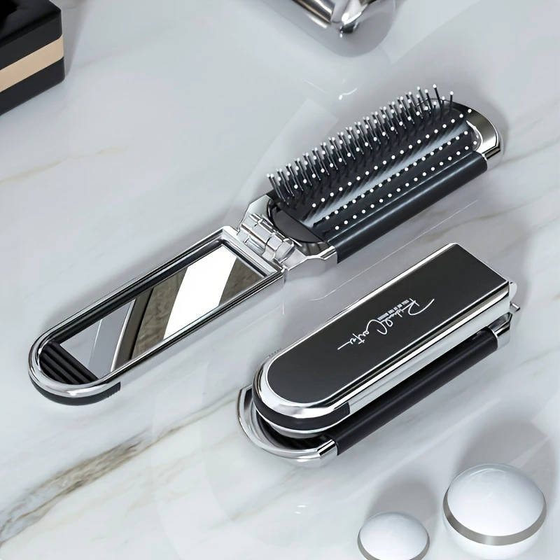 1pc Portable Folding Hair Brush with Mirror Anti-Static Drawable Mirror-Mini Travel Size Durable ABS