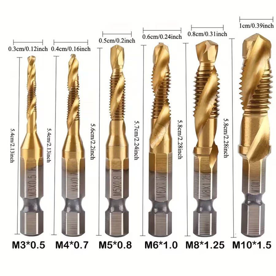 6pcs Titanium Coated HSS Drill Bit Set - Metric Thread M3-M10