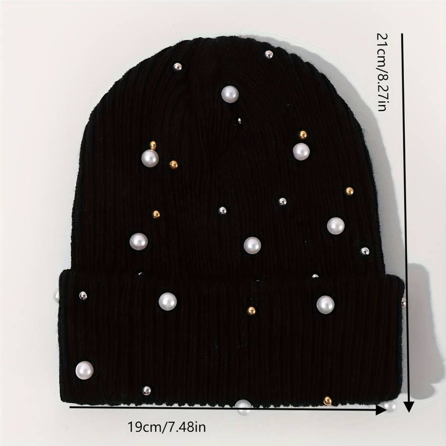 1pc of Women'S Fashion Pearl Decorated Knitted Hat Without Brim Suitable for Autumn And Winter