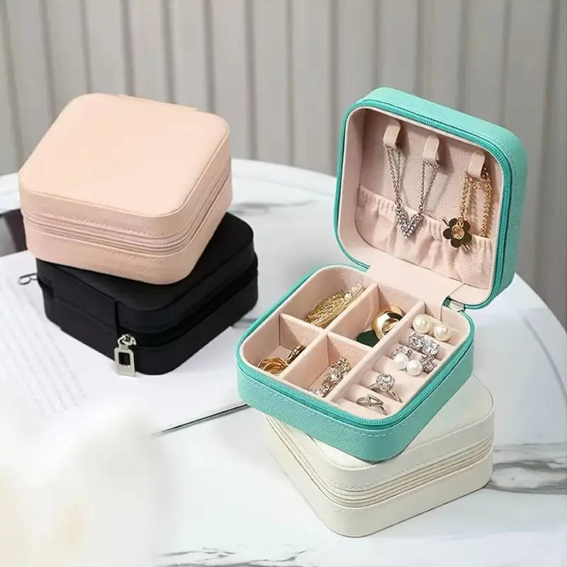 1pc Classic Leather Jewelry Organizer Box with Zipper Closure Tabletop Rectangle Storage Case with F