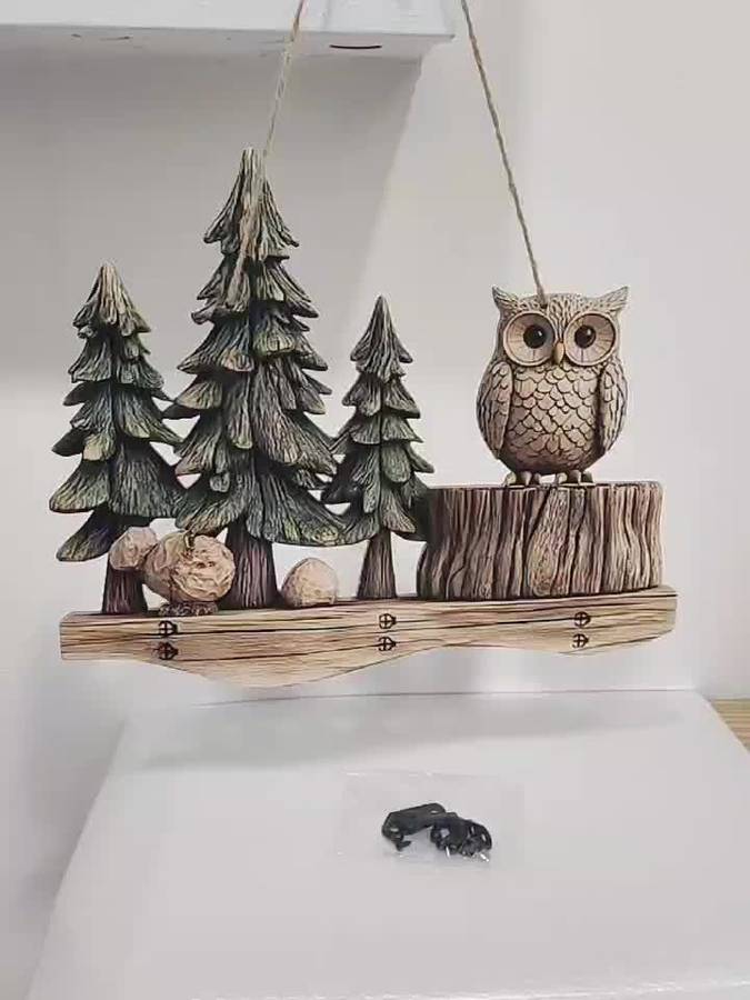 Charming 2D Crow and Forest Colorful Wooden Key Holder30.0cm x 24.99cm with 4 Metal Hooks Perfec