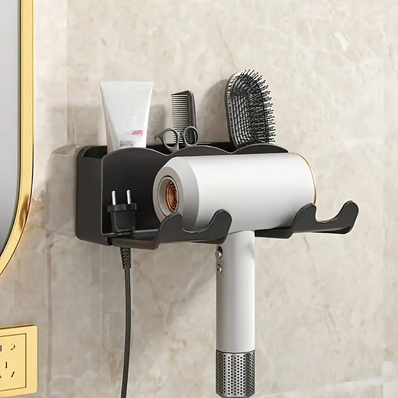 1pc Wall-Mounted Hair Dryer Holder with Storage Shelf Plastic Hanging Shelf for Bathroom No-Drill In