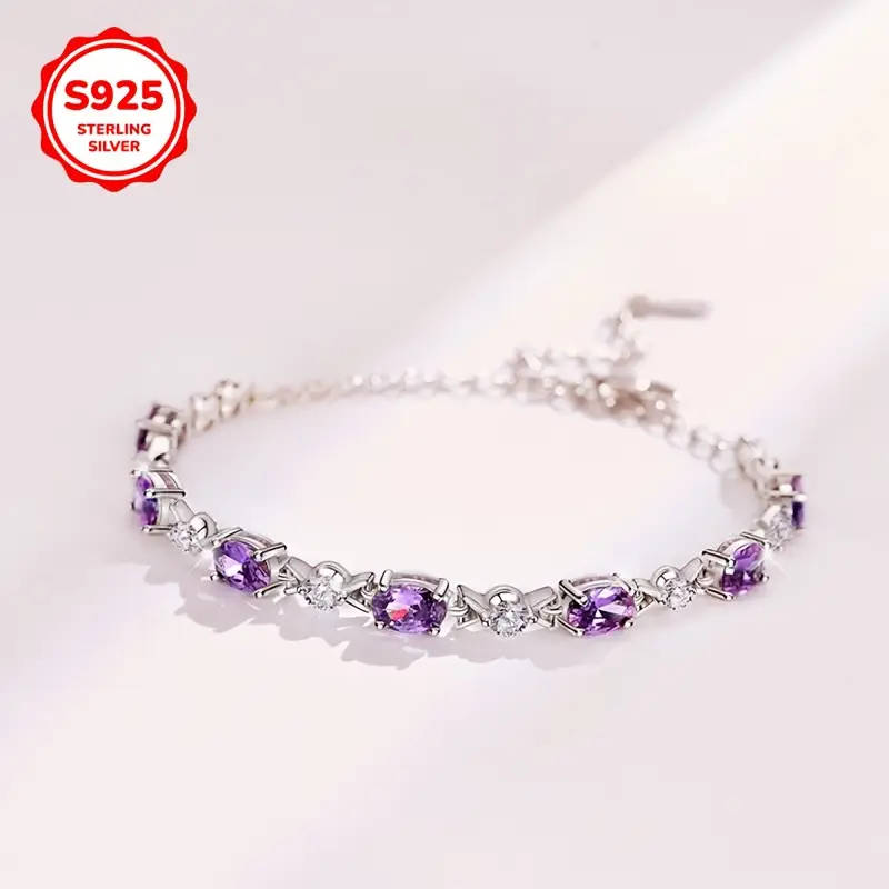 925 Sterling Silver Plated Purple Synthetic Zirconia Chain Bracelet