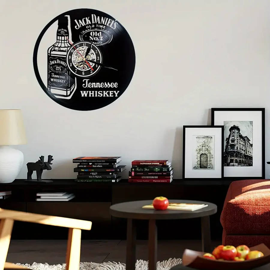 1pc Jack Daniels Vintage Whiskey Themed Silent Wall Clock Round Vinyl Record Design Battery Operated