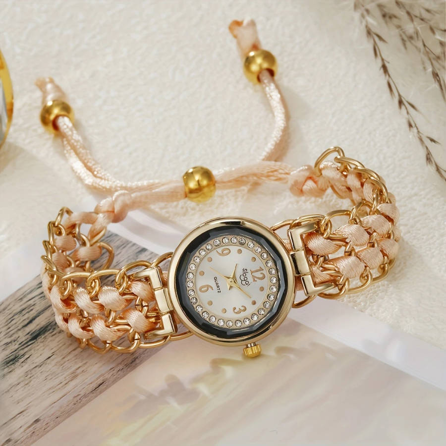 1pc Rhinestone-Inlaid Dial Adjustable Braided Cord Durable Quartz Movement Ladies' Wristwatch Fashio