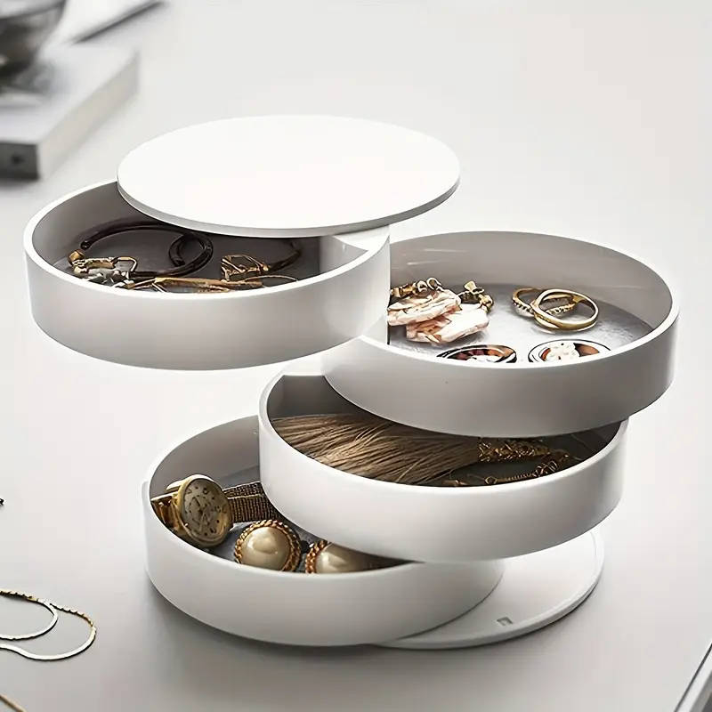 1pc Glam Style Rotating Jewelry Organizer Multi-Layer Tabletop Storage with Lid Round Plastic Deskto