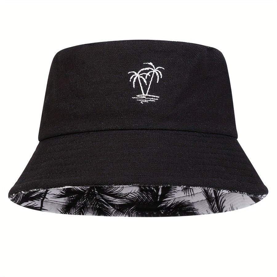 1pc Men'S Reversible Bucket Hat with Tree Embroidery Funky Style Polyester Fishing Cap Casual