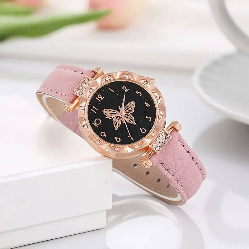6pc Pink Butterfly Elements Quartz Wrist Watch