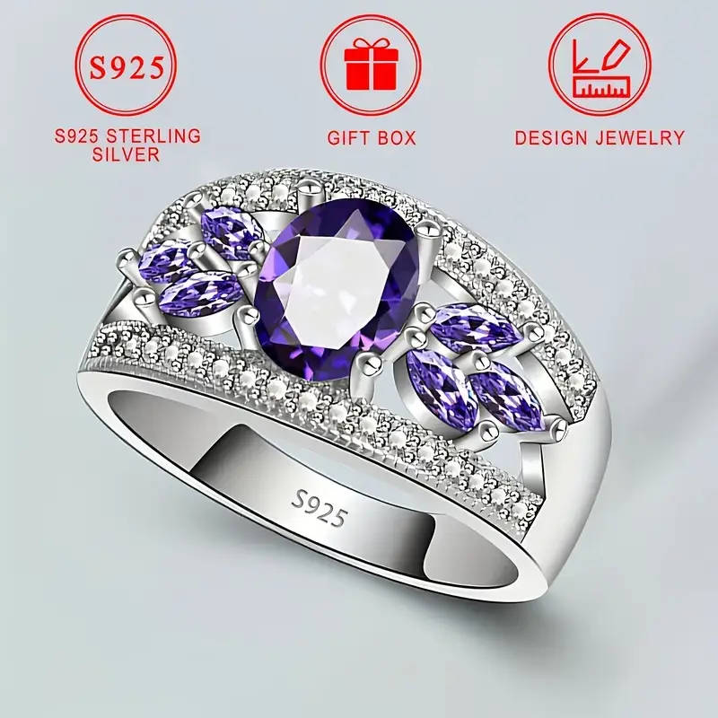 925 Silver Ring, Set with Sparkling Purple Cubic Zirconia